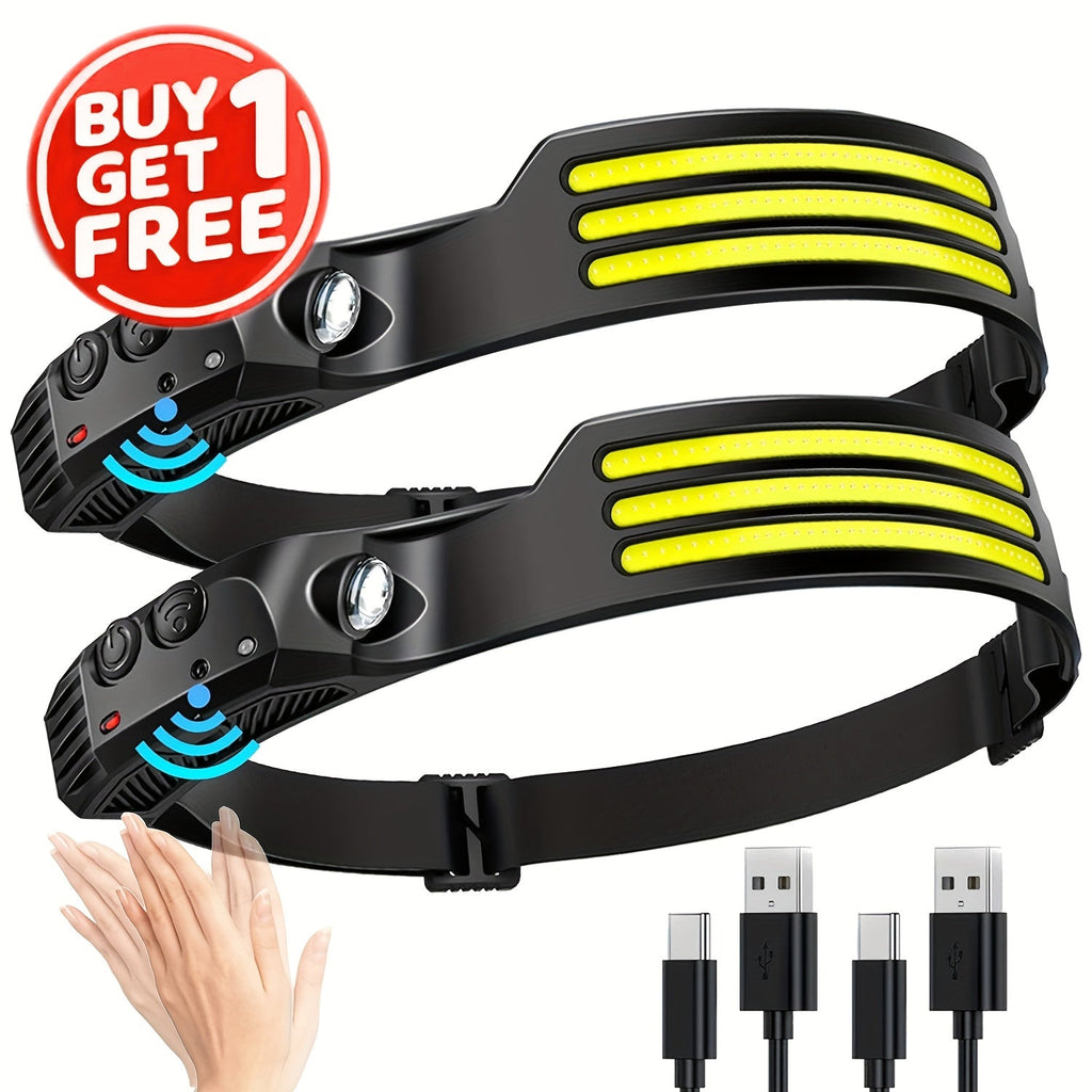 COB LED Headlamp 2 Pack 230° Wide Beam Motion Sensor Rechargeable Head Torch for Hiking Running Fishing Camping Hard Hat