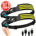 COB LED Headlamp 2 Pack 230° Wide Beam Motion Sensor Rechargeable Head Torch for Hiking Running Fishing Camping Hard Hat