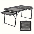 Portable Folding Camping Table with 2 Wingboards & Mesh Top – Height Adjustable Outdoor Grill Side Table for Picnic Barbecue Beach Backpacking, Lightweight Compact Folding Table with Carry Bag