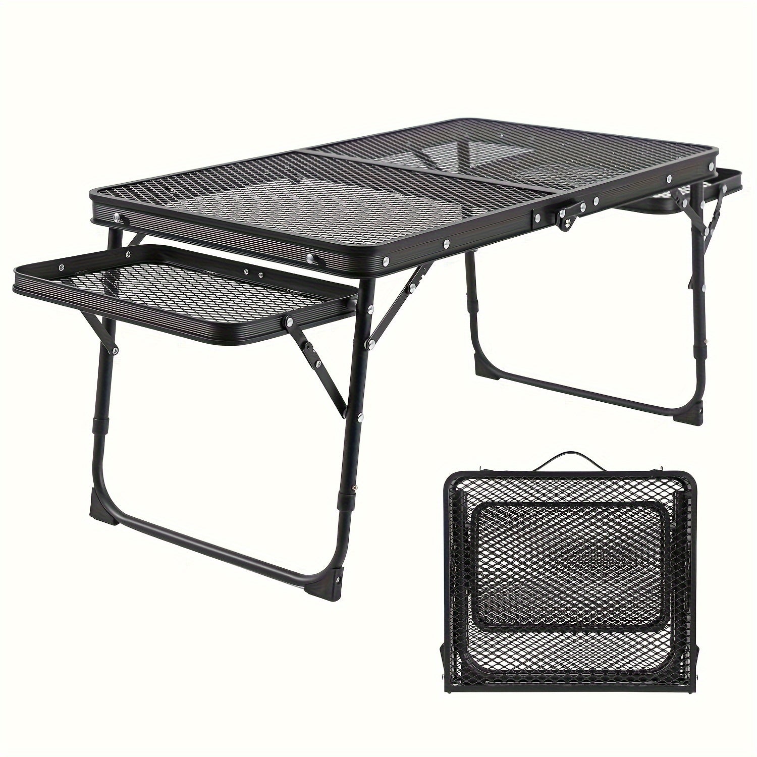 Portable Folding Camping Table with 2 Wingboards & Mesh Top – Height Adjustable Outdoor Grill Side Table for Picnic Barbecue Beach Backpacking, Lightweight Compact Folding Table with Carry Bag