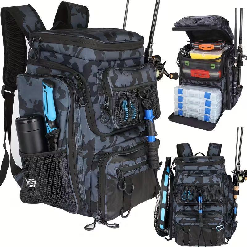 Waterproof Fishing Rod Backpack 42L – Built-In Rod Tube, 16 Pockets & Insulated Cooler Option | Black, Camo, Khaki, Gray