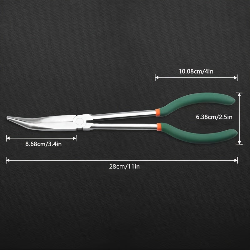 Long Nose Fishing Pliers 11 Inch 45-Degree Angle Bent Tip – O-Ring Hook Remover Needle Nose Pliers for Saltwater Freshwater Fishing, Non-Slip Handle, Lightweight Angler Tool, Orange & Green