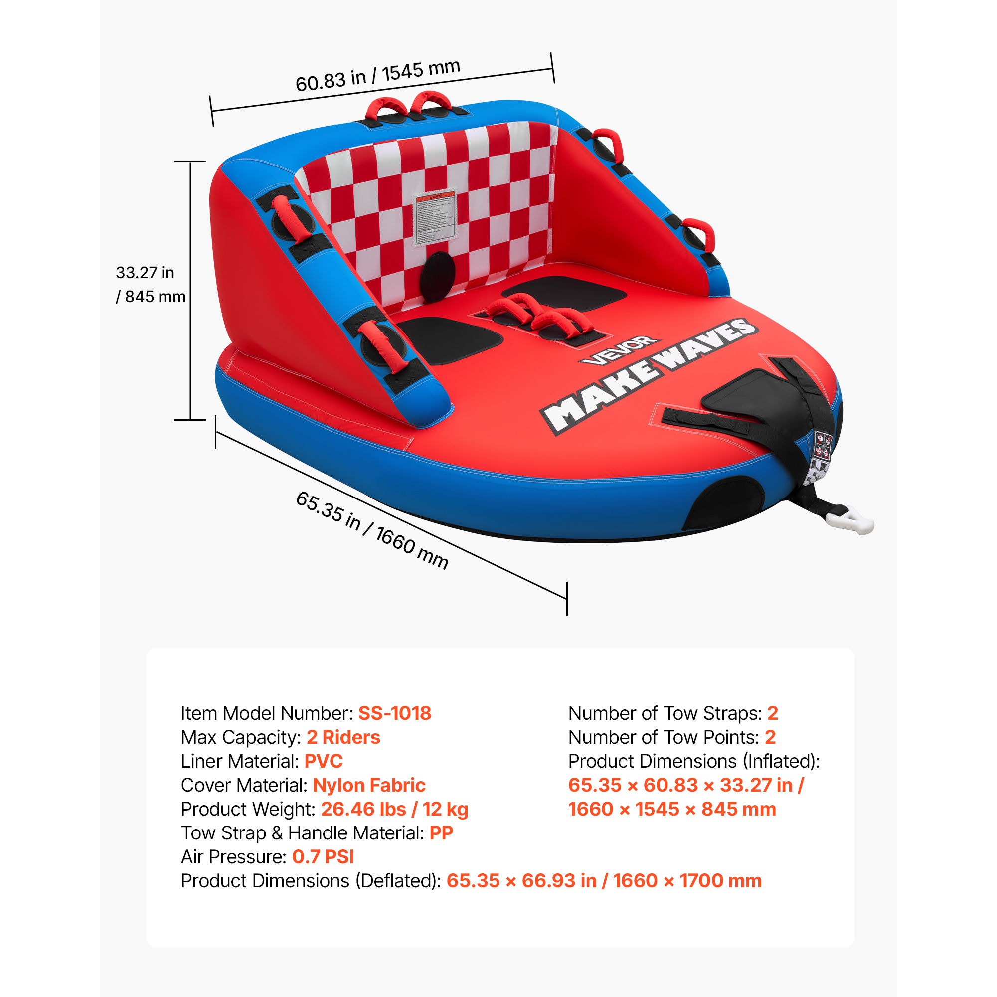 Towable Tube for Boating 2-Person – 340 lbs Inflatable D-Shape Boat Tube with Full Nylon Cover, Dual Tow Points, 10 Padded Handles & 2 Boarding Straps for Lake & River Water Sports