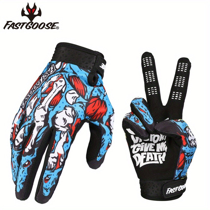 Motocross Gloves Touchscreen Full Finger - Breathable Riding Gloves with Print Design, Adjustable Wrist Closure, Road Racing & Cycling Protection (Blue/Yellow, M-XL)