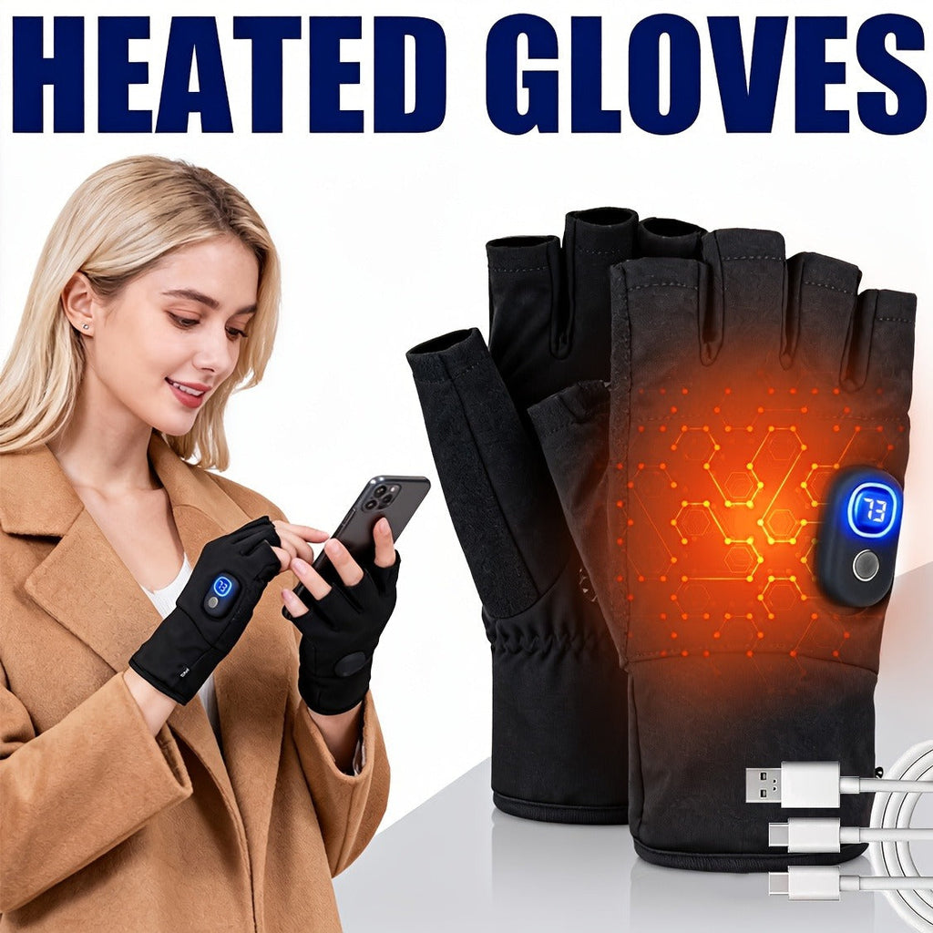 Electric Heated Gloves Half Finger – Digital Battery Display, 3 Heat Settings, 5H Runtime, USB-C Fast Charging for Skiing Cycling Fishing Hiking Winter