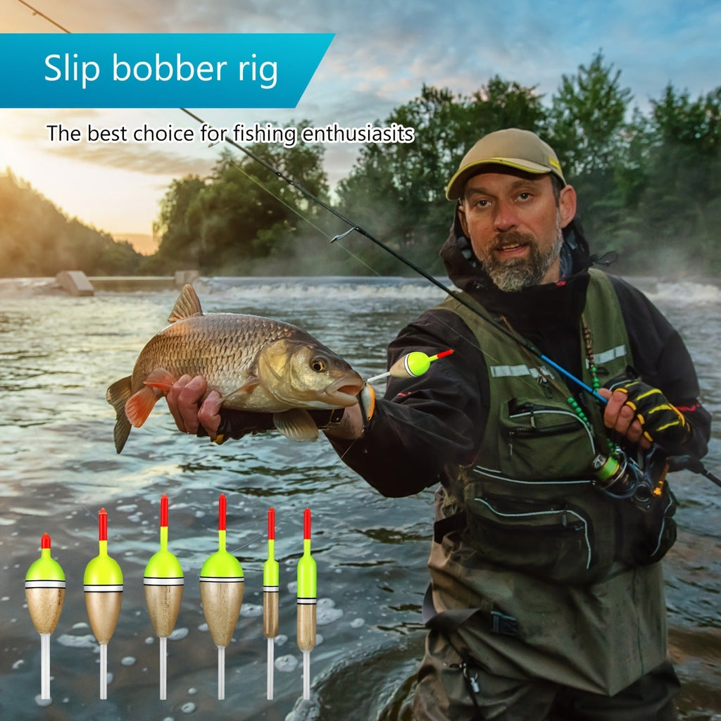 Wooden Fishing Floats 12-Pack – 6 Sizes Slip Bobber Set for Crappie, Bluegill, Trout, Bass, Panfish, Catfish & Walleye | Freshwater Fishing Gear Accessories