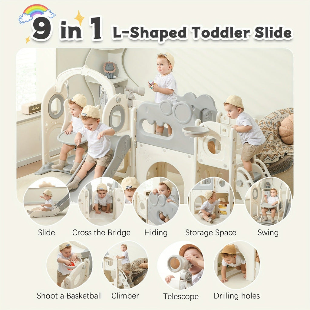 9-in-1 Foldable Toddler Slide with Basketball Hoop Telescope Climbing Set Indoor Outdoor Kids Playset Extended Slide for Toddlers Boys Girls