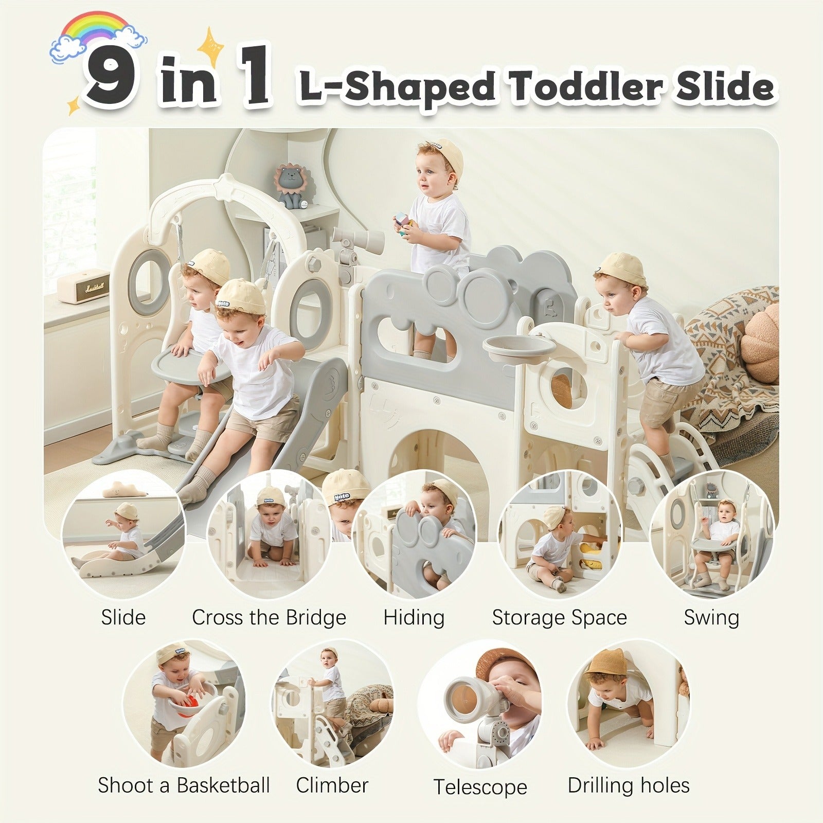 9-in-1 Foldable Toddler Slide with Basketball Hoop Telescope Climbing Set Indoor Outdoor Kids Playset Extended Slide for Toddlers Boys Girls