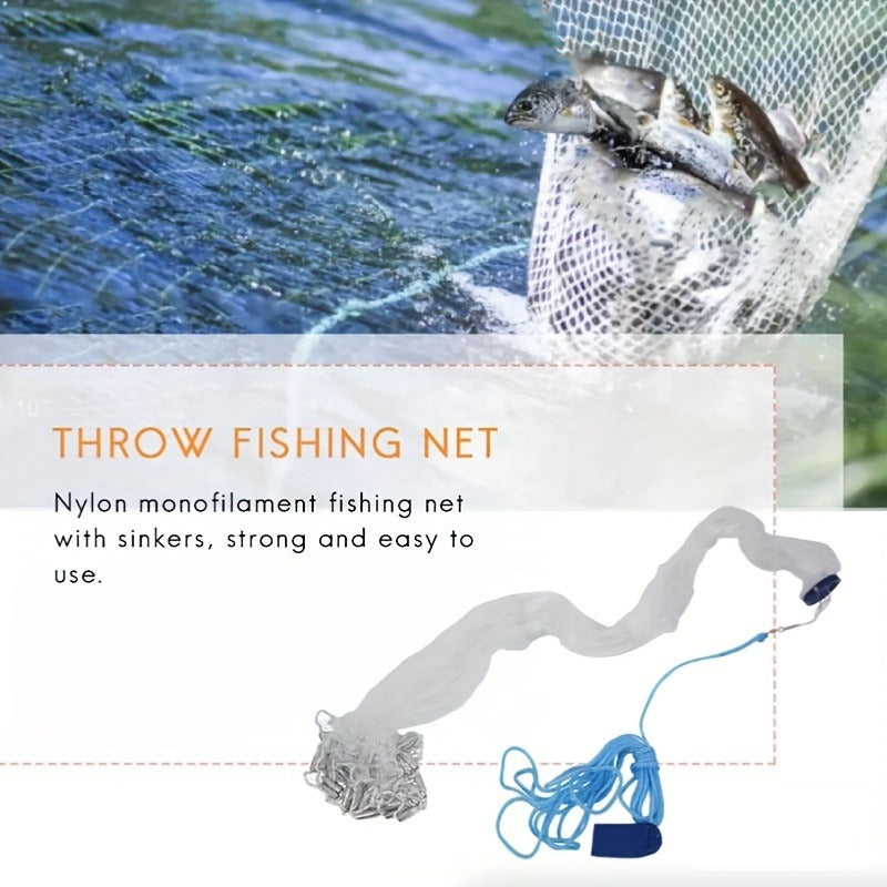 Throw Cast Net 8FT 10FT Transparent Thread Nylon Mesh 3/8in, Galvanized Zinc Sinkers 26ft PE Braid Hand Line No-Ring Design for Shrimp Bait Trapping Pond River Saltwater Fishing
