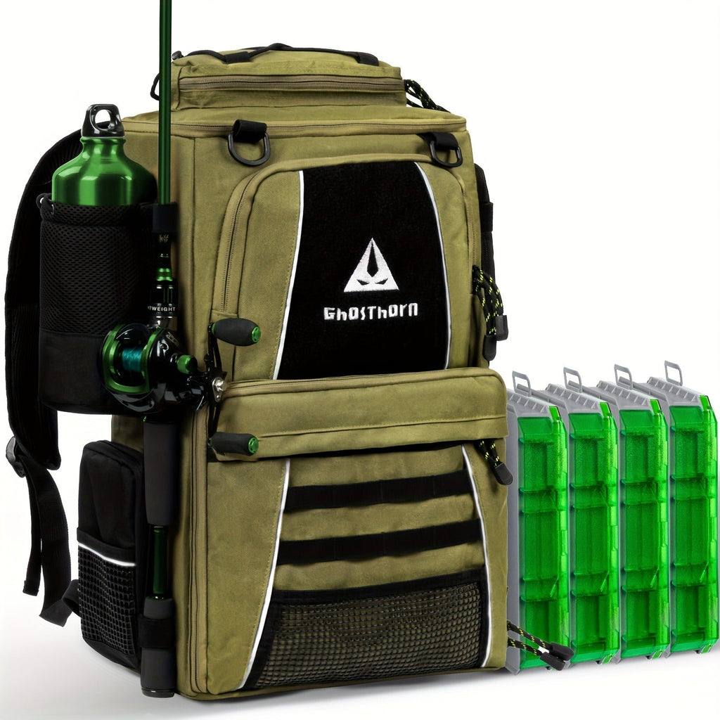 Large Fishing Tackle Bag with 4 Tackle Boxes – 43L Backpack with Rod Holder, Detachable Waist Pack & Gear Storage for Men Women | Black, Khaki & Camo