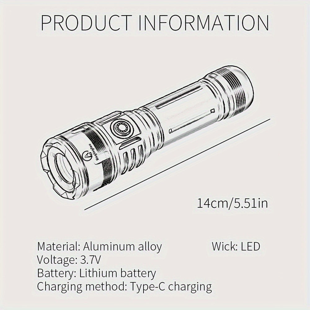 Zoomable LED Flashlight 4500LM, Aluminum Alloy Torch Fresnel Lens Adjustable Beam, 21700 3000mAh Rechargeable Battery, Fire Starting, Long Runtime for Camping Fishing Survival Night Cycling Power Outage