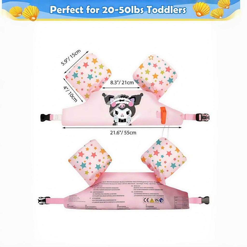 Kids Swim Vest Toddler Arm Floaties Cute Cartoon Print Adjustable Straps Nylon 20-66lbs Ages 2-9 for Pool Beach Learning to Swim