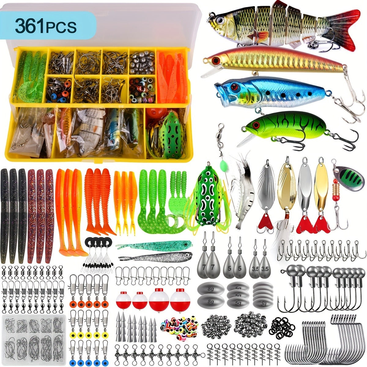 Fishing Lures Kit 78/106/188/361pcs Complete Freshwater Tackle Set with Spoon Lures Soft Plastic Worms Crankbaits Jig Hooks Tackle Box for Bass Trout Salmon Beginners and Experienced Anglers