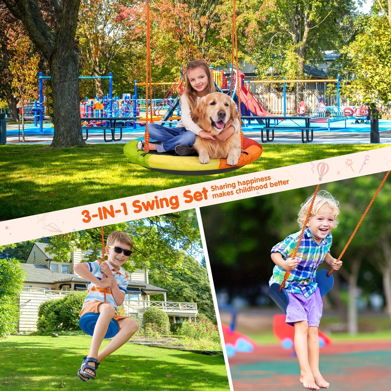 Outdoor Swing Set for Kids 3-in-1 Metal A-Frame 550 lbs Disc Saucer Swing Backyard Playground