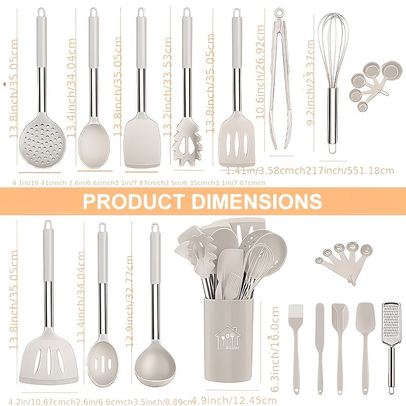 Silicone Kitchen Utensils Set 25pcs Nonstick Cooking Utensils with Stainless Steel Handle Food-Grade Silicone Spatulas Spoons Tongs Complete Kitchen Tool Set for Indoor Outdoor Cooking Grey Black Coffee