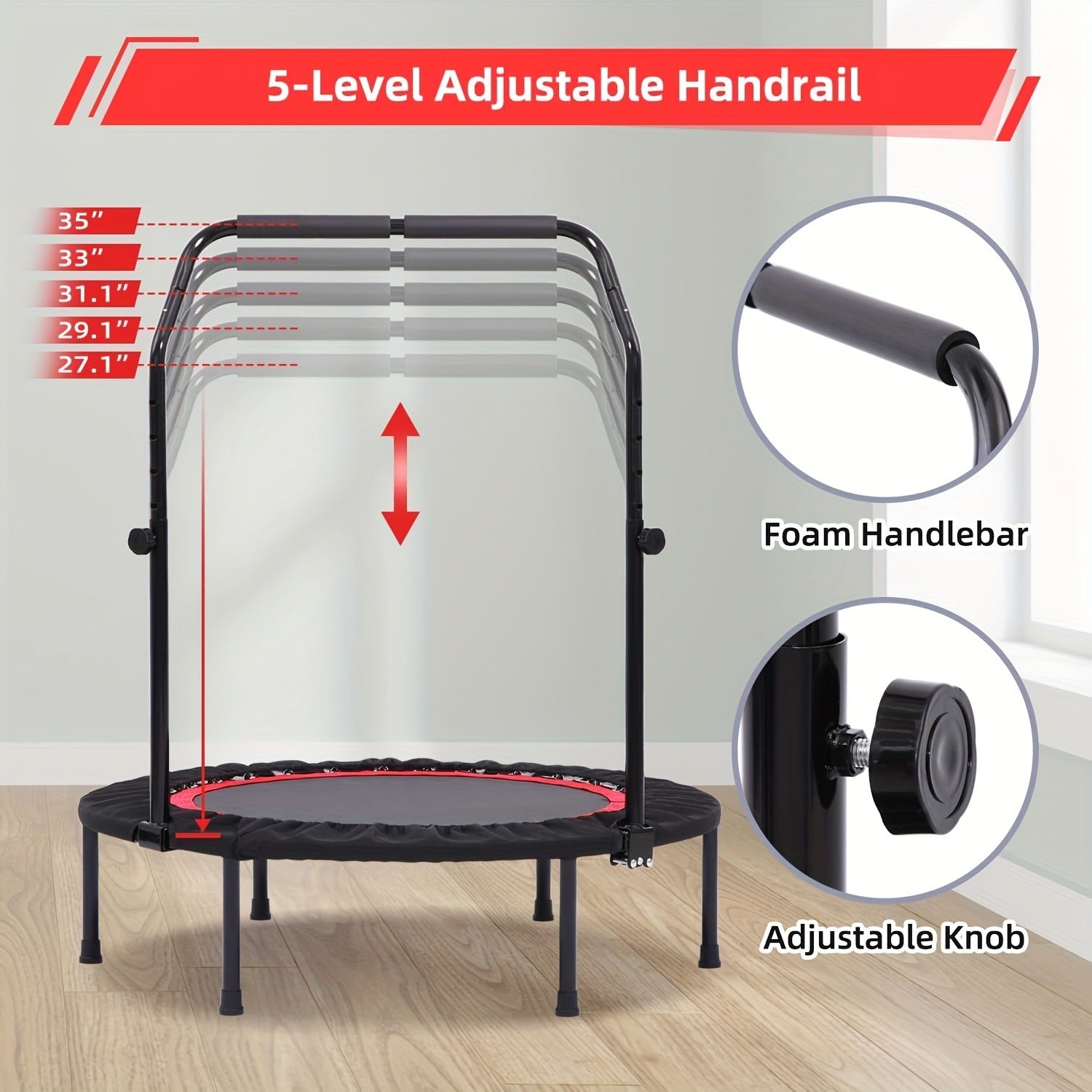 Mini Trampoline Rebounder 40" for Adults 330LB Capacity with Balance Bar Indoor Outdoor Fitness Cardio Exercise Trampoline