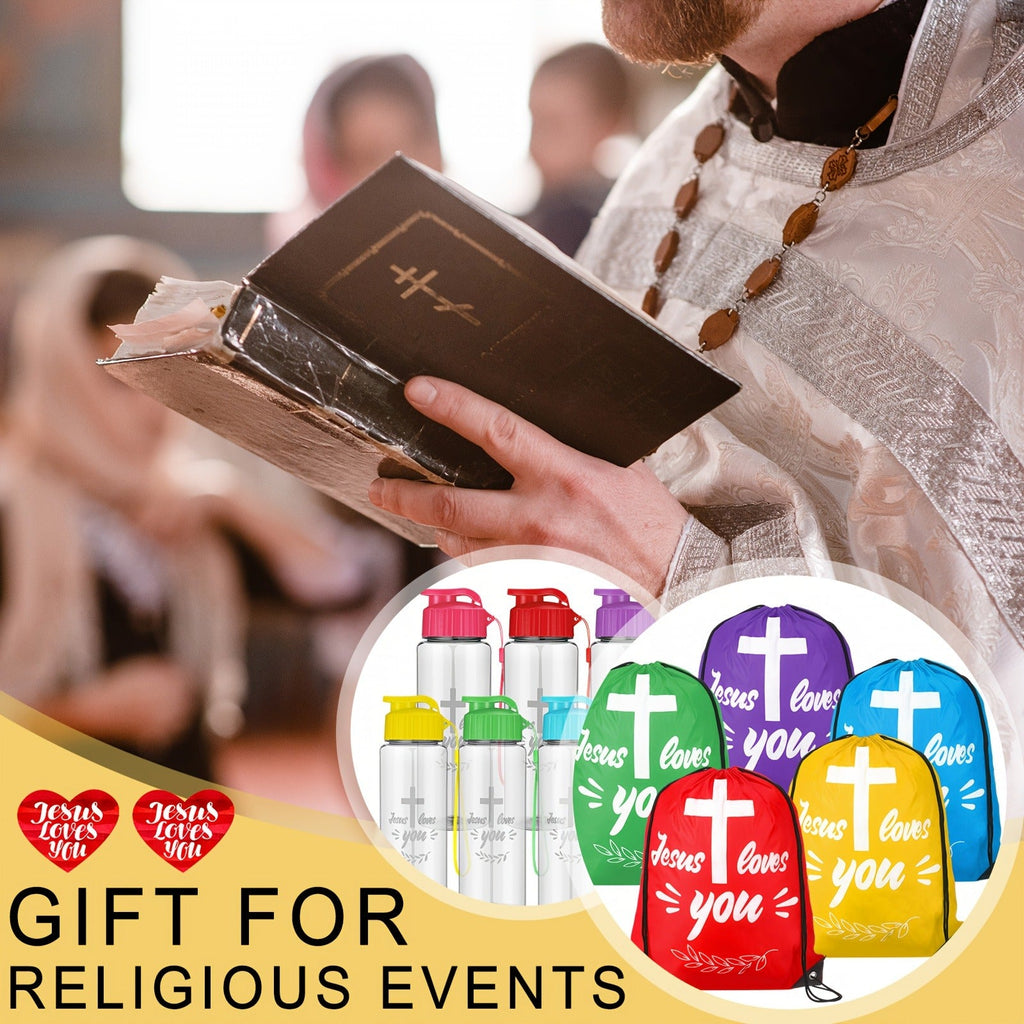 Christian Party Gifts Bulk Set 20pcs – 10 Drawstring Backpacks & 10 Sport Bottles with Bible Verses, God Loves You Church Event Favors for Kids, Vacation Bible School, Sunday School & Religious Celebrations