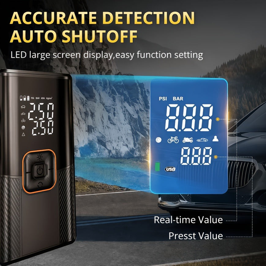 Portable Wireless Tire Inflator Air Compressor Digital Display Fast Pump Lithium Battery for Car Motorcycle Bike Emergency Inflation with Nozzle Adapters