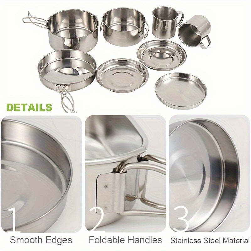 Stainless Steel Camping Cookware Set 8 Piece with Pots Pans Plates Cups and Handles - Lightweight Outdoor Cooking Kit for Camping Hiking Backpacking Open Fire Camp Kitchen Gear