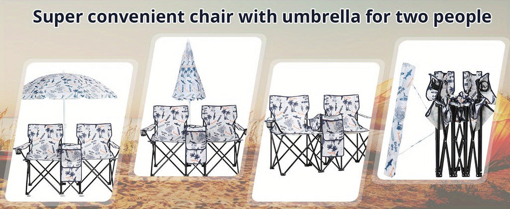 Folding Fishing Chair with Sun Umbrella – 2-Seat Portable Outdoor Chair, Iron Alloy Frame & Oxford Fabric, Built-In Storage Bag & Carry Bag, for Beach, Patio, Camping & Sunbathing, 4 Colors