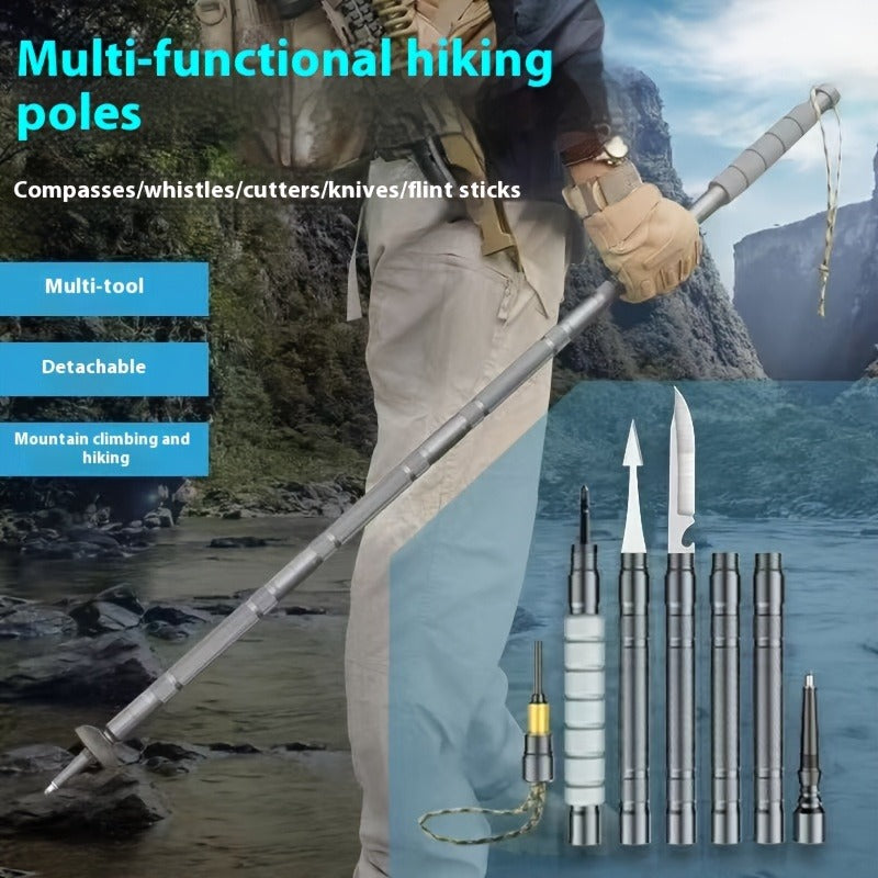 7-in-1 Tactical Hiking Staff – Extendable Foldable Survival Walking Stick with Compass, Fire Starter, Saw Blade, Screwdriver & Pliers – Aluminum Alloy or Stainless Steel, Camping & Hiking Gift