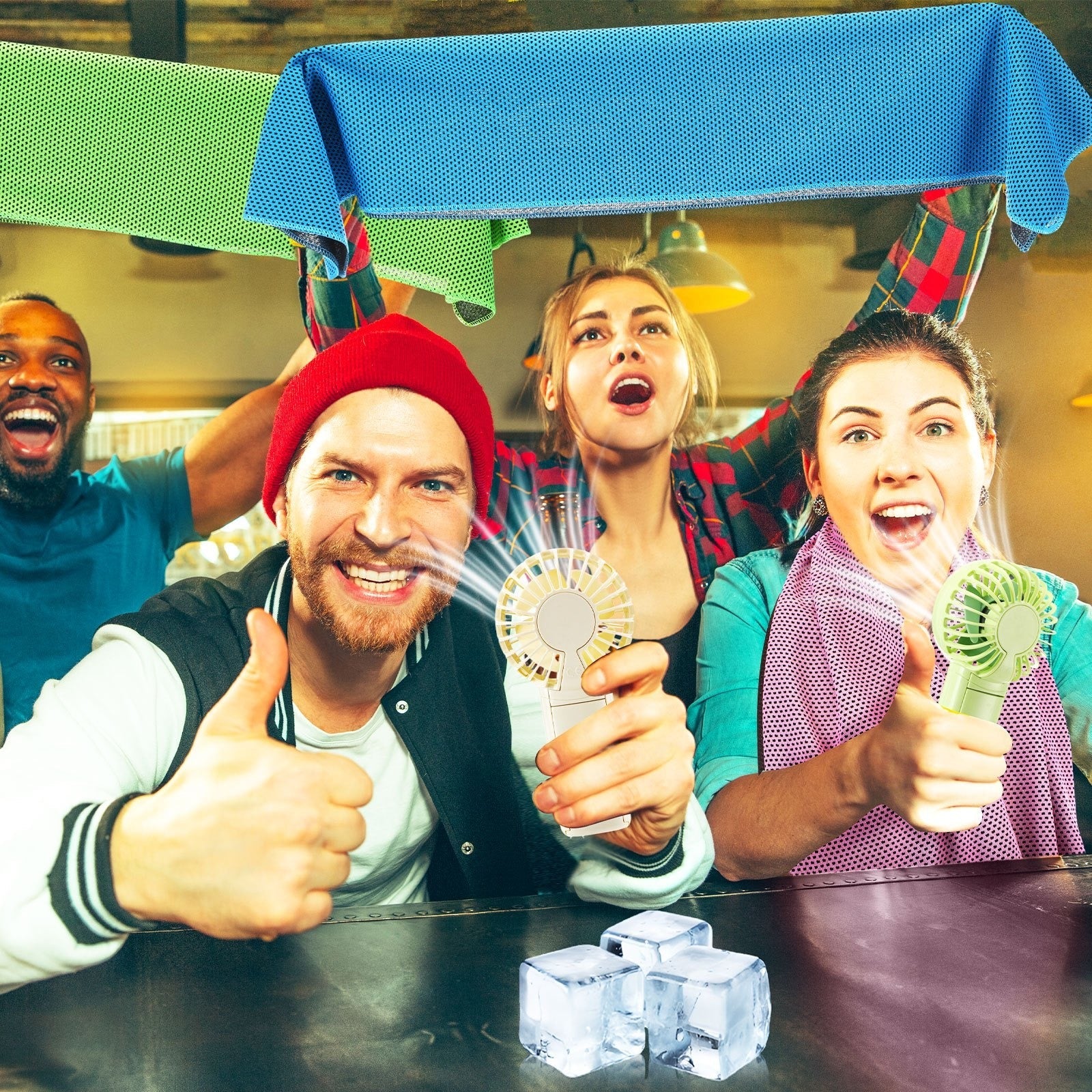 Portable Cooling Towel & Handheld Fan Set 24-Pack – Mini Ice Towels with Fans for Sports, Gym, Yoga, Travel & Camping, Multicolor Reusable Chilling Cloth & Fan Combo, Summer Heat Relief Kit