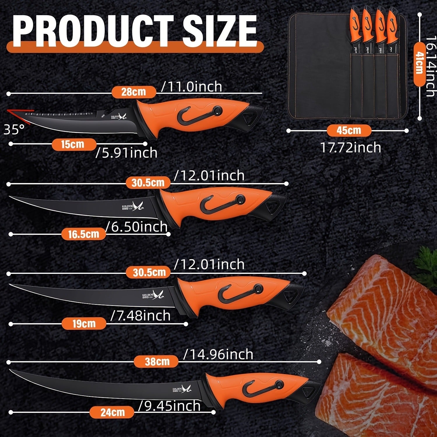 Fillet Knife Set 4-Piece – 5Cr15MoV Stainless Steel Fishing Fillet Knives (5", 6", 7", 9"), Non-Slip Rubber Handle, Serrated Bait Knife, Individual Sheaths & Storage Bag, Ideal Fishing Gift for Men