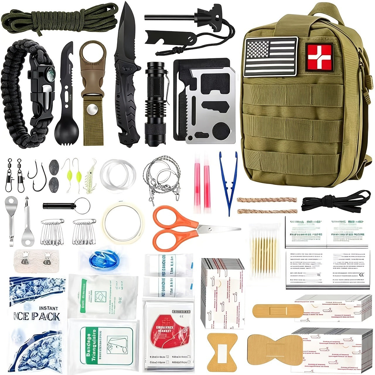 217 Piece Survival Kit with First Aid Kit & Molle Storage Bag - Emergency Gear Set for Camping, Hiking, Outdoor Adventure, Home & Office, Perfect Gift for Men, Dad, Husband, Son - Orange Green Khaki Black Red Camouflage