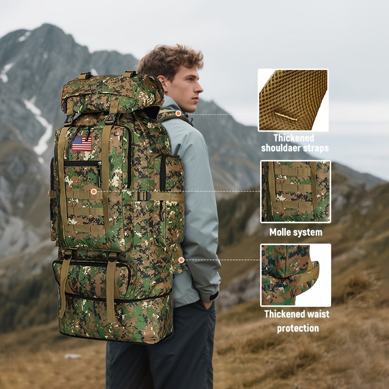 Tactical Backpack 100L Large Capacity Hiking Backpack Multiple Compartments Heavy Duty Ergonomic Straps for Camping Travel Trekking Backpacking Outdoor Adventures Jungle Green Black Army Green Gray Desert
