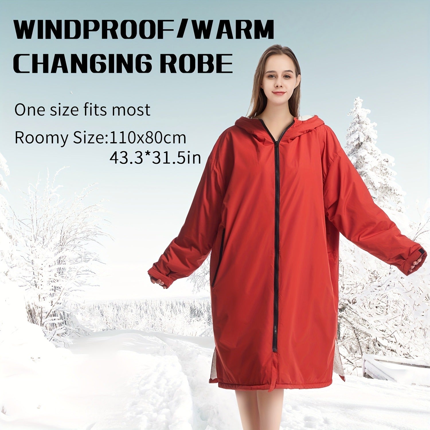 Changing Robe Fleece Lined Hooded – Long Sleeve Windproof Warm Surf Poncho for Swimming, Surfing, Diving, Camping & Hiking – 43.3x31.5in, 4 Colors: Navy, Black, Red, Blue