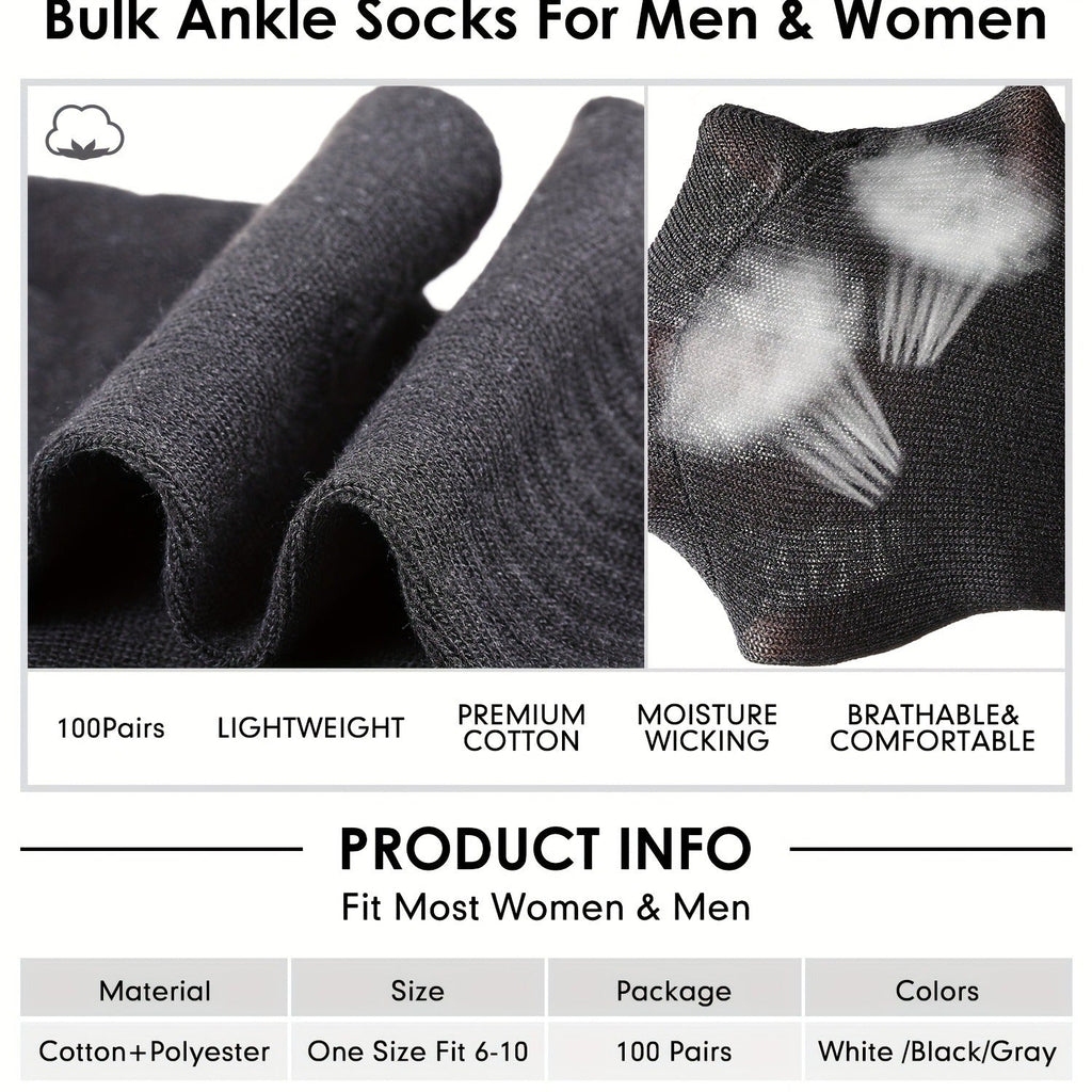 Bulk Moisture-Wicking Ankle Socks 100 Pairs Unisex Men Women Casual Sports Gym Socks Black White Gray One Size Fits Most