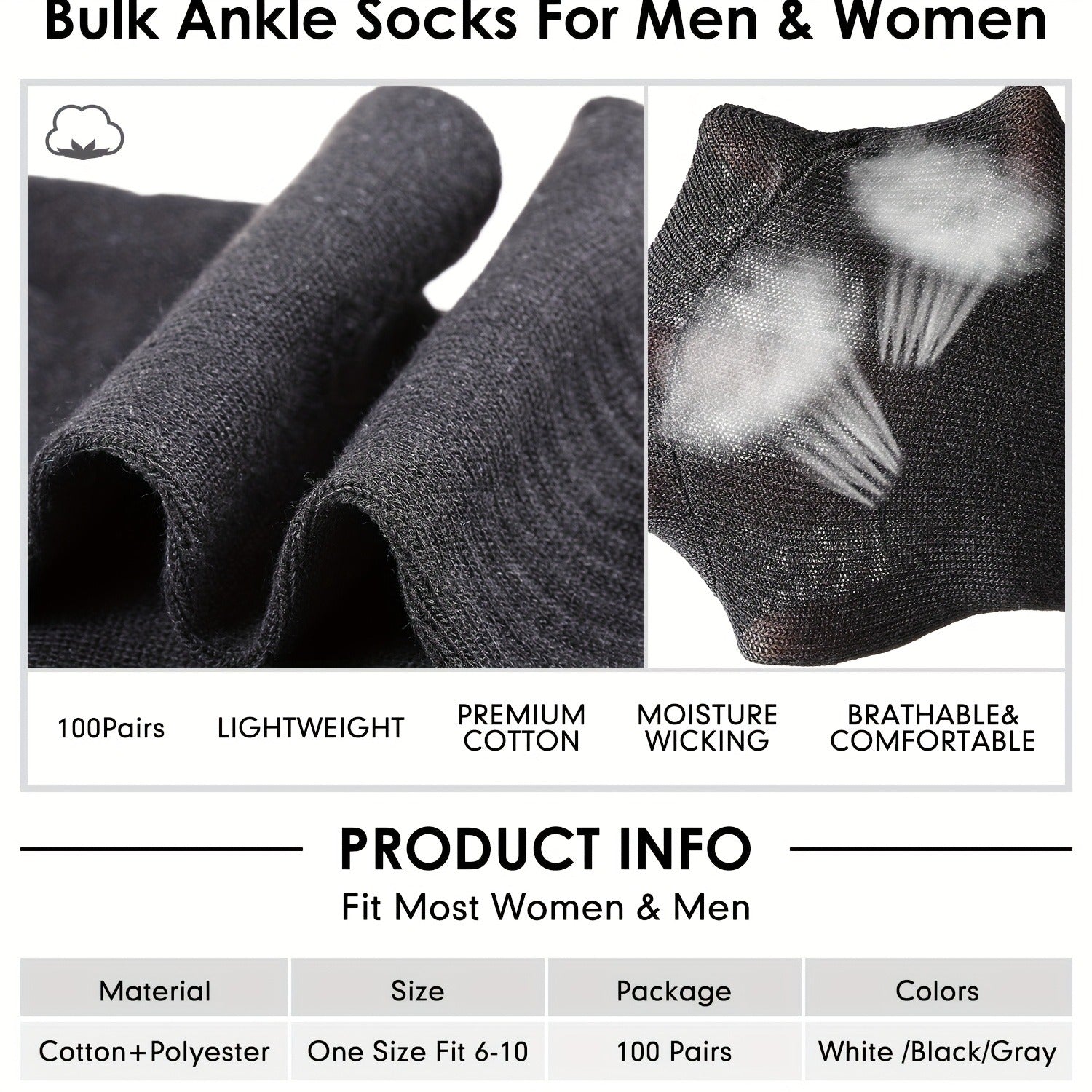 Bulk Moisture-Wicking Ankle Socks 100 Pairs Unisex Men Women Casual Sports Gym Socks Black White Gray One Size Fits Most