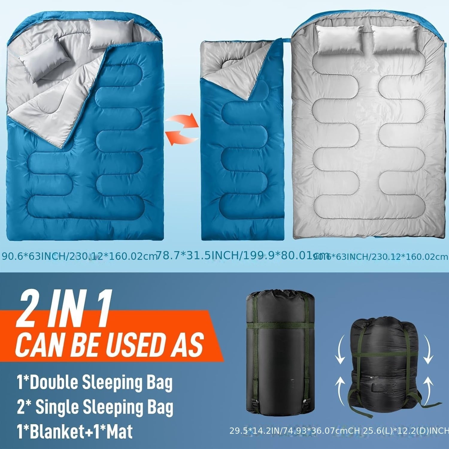 Double Sleeping Bag XL with Pillow for Two Adults – 2-Person Couple Sleeping Bag for Year-Round Camping, Hiking & Backpacking in Cold & Warm Weather, 90.6x61 Inch