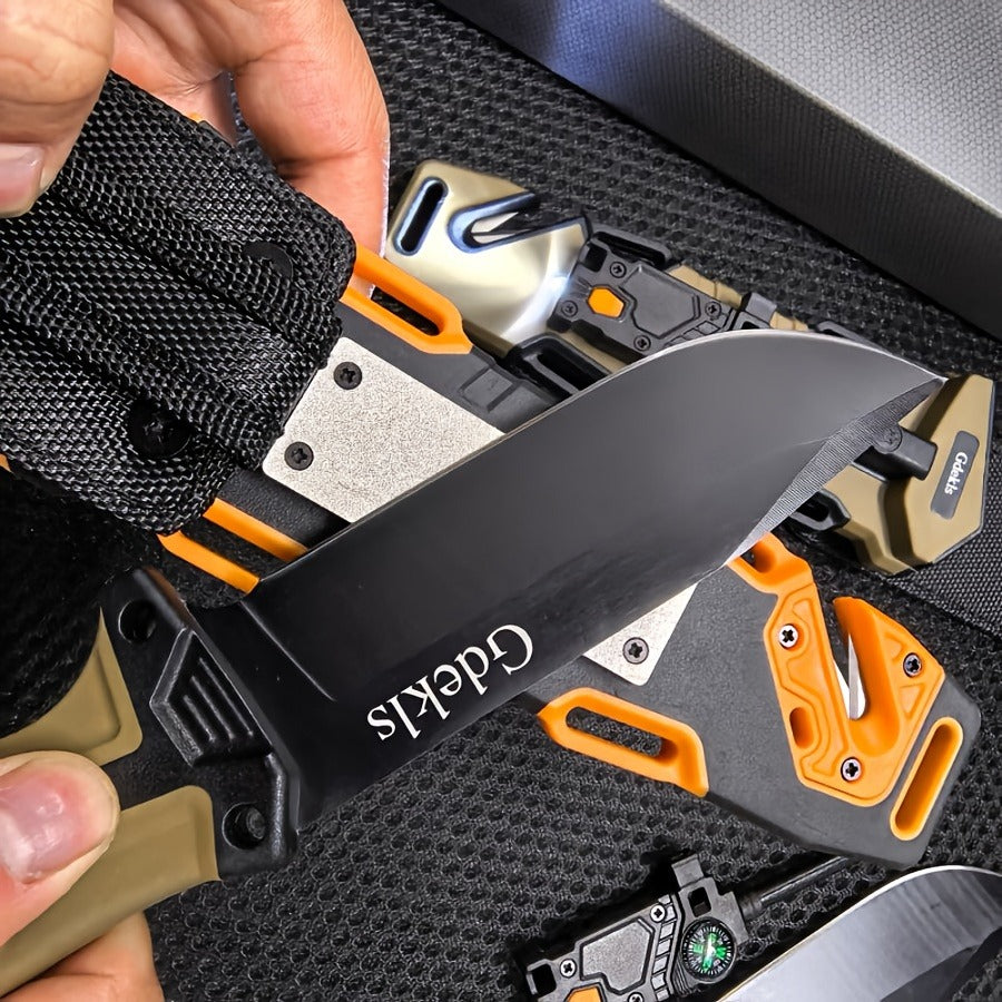 Fixed Blade Outdoor Camping Knife 9.64 Inch Stainless Steel, Survival Hunting Knife with Flint Fire Starter Night Light Sharpener Safety Sheath, Non-Slip Ambidextrous Handle for Hiking Mountaineering Adventure