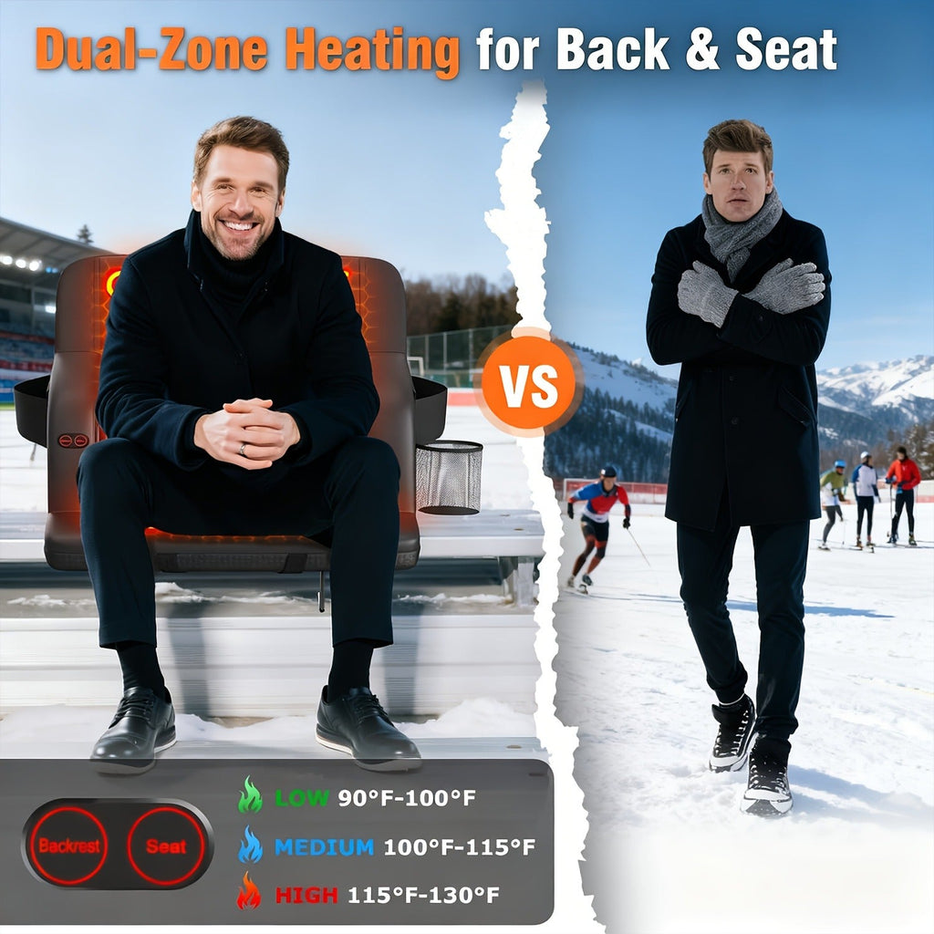 Heated Stadium Seat with Back Support for Bleachers 6 Reclining Positions 3 Heat Levels Dual-Zone USB Heated Bleacher Chair with 5 Storage Pockets Adjustable Armrests Portable Backpack Strap for Sports Games Concerts Outdoor Events