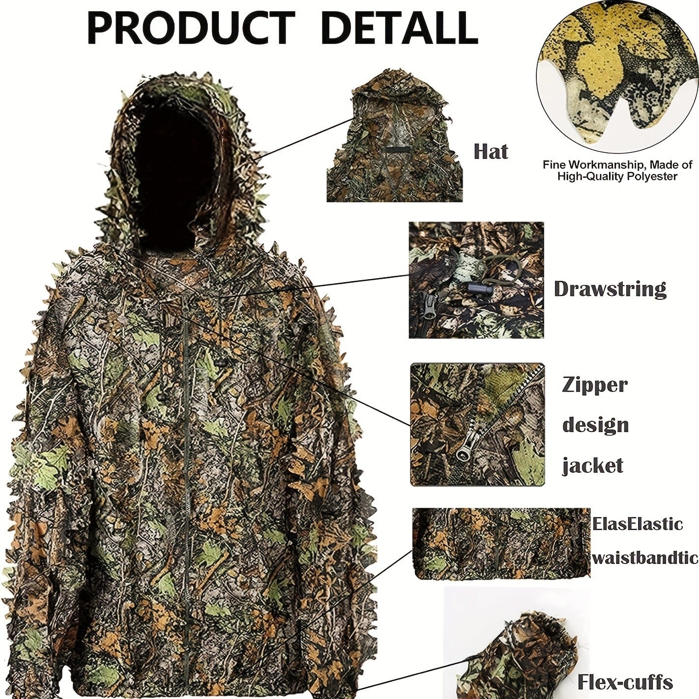 3D Leaf Ghillie Suit Lightweight Camouflage Hunting Suit for Men Women - Full Body Camo Outfit for Wildlife Photography, Birdwatching, Airsoft, Spring Summer Autumn Outdoor Training