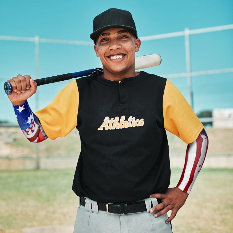 Patriotic Baseball Arm Sleeves 2 Pairs – American Flag Star Design Compression Sports Elbow Covers, Anti-Slip UV Protection for Men Women, Ideal for Games Parties Outdoor Events
