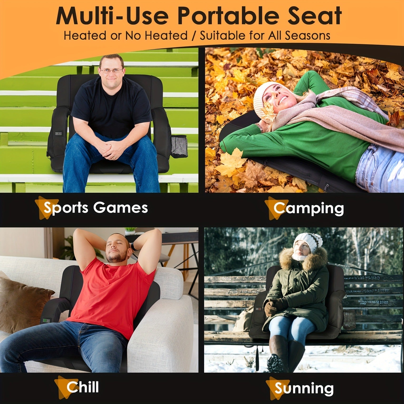 Heated Stadium Seat with Massage, 3-Level Heat & 6 Modes
