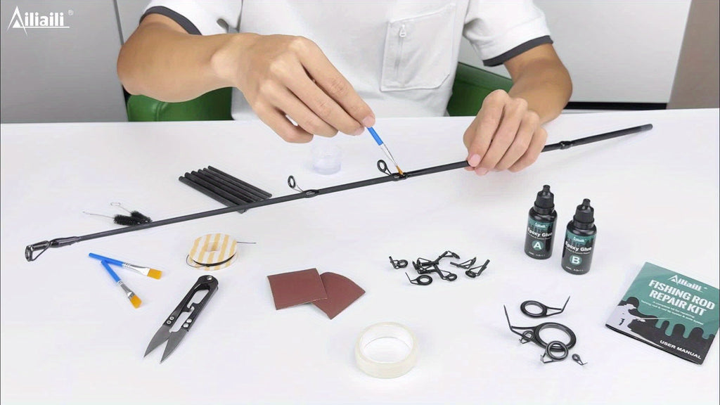 Fishing Rod Repair Kit with Top Rings Guides AB Epoxy Glue Winding Line Textured Paper Complete Rod Break Fix Set Iron Rod Guides Replacement Supplies FRT-02