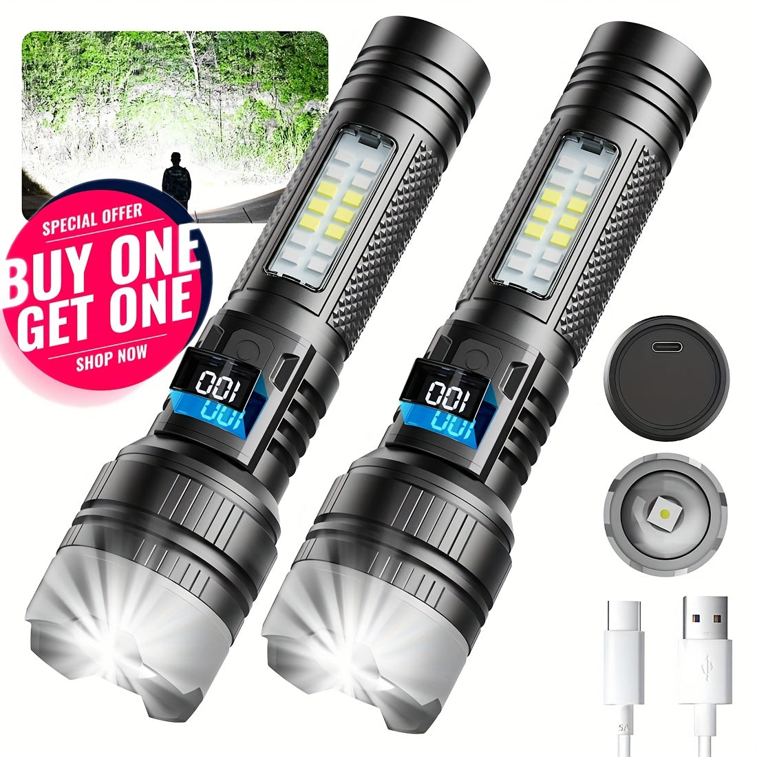 Rechargeable LED Flashlight 2000 Lumens – 2 Pack, 5 Modes, COB Side Light, 200M Beam Range, USB-C Charging, Durable ABS Torch for Camping Emergency Outdoor Use