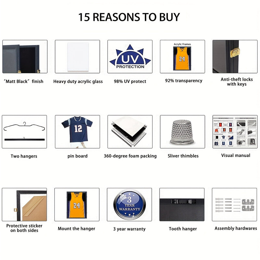 Jersey Display Case Shadow Box - Lockable UV Protection Frame for Baseball Basketball Football Soccer Hockey Sport Shirt, Matte Black