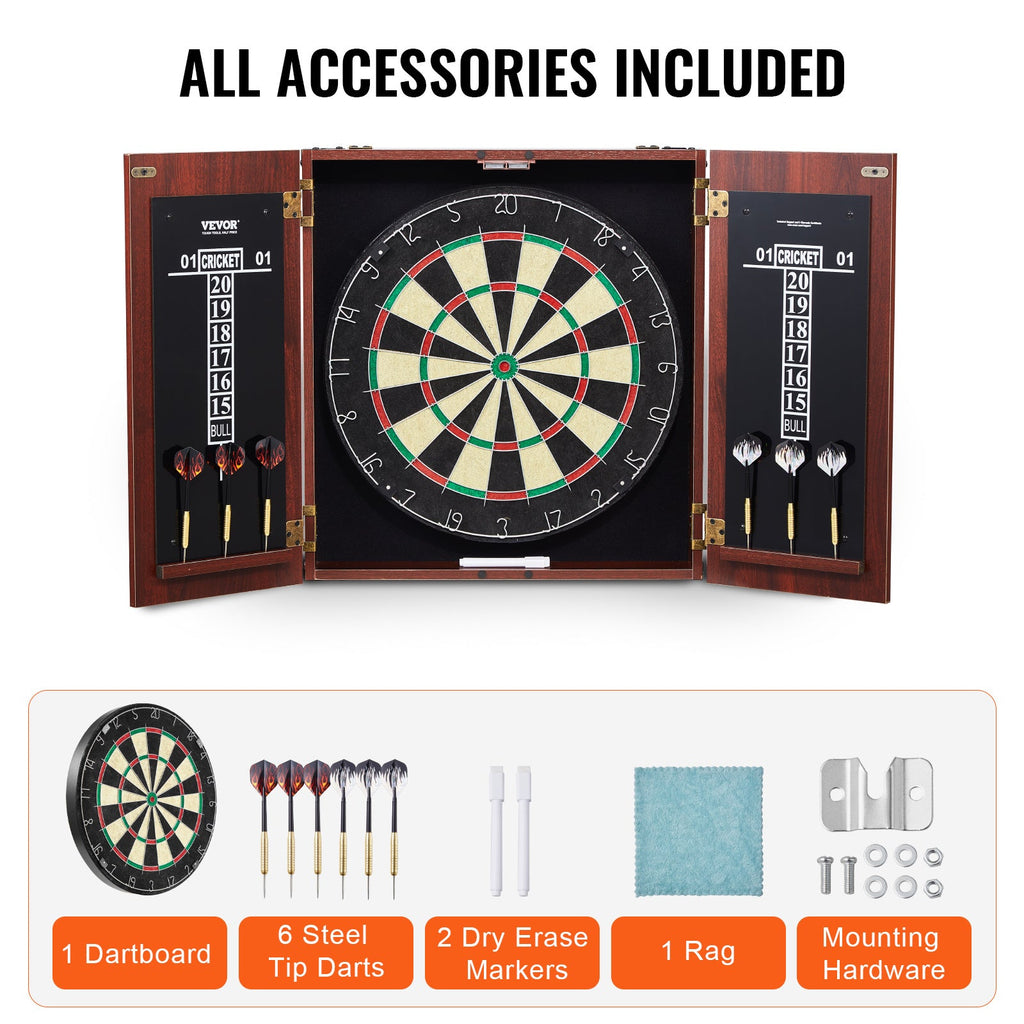 Dartboard Cabinet Set with Steel Tip Darts – 18 Inch Sisal Fiber Board, Retro Wood Cabinet, Scoreboard & Full Accessories Included