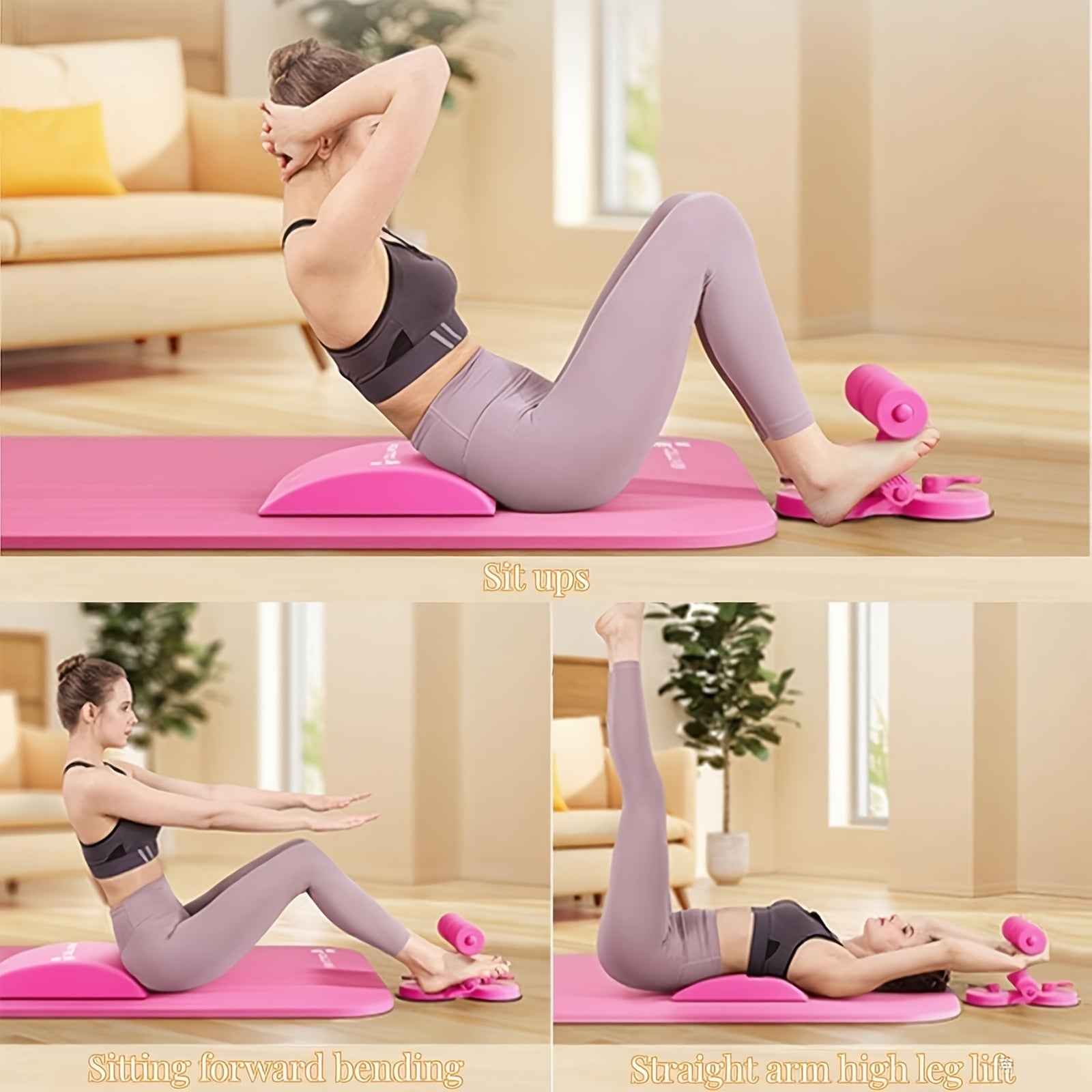 Portable Sit Up Bar with Resistance Bands – 3-Section Adjustable Ab Exercise Bar, Dual Suction Cup Floor Mount, Lightweight Home Gym Fitness Equipment for Core Training in Small Spaces, Black & Pink