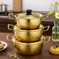 3-Piece Golden Stainless Steel Ramen Pot Set with Lids – Non-Stick Dishwasher Safe Cookware for Noodles Soups Curries – Textured Surface Pots for Home Camping Outdoor Parties Picnics