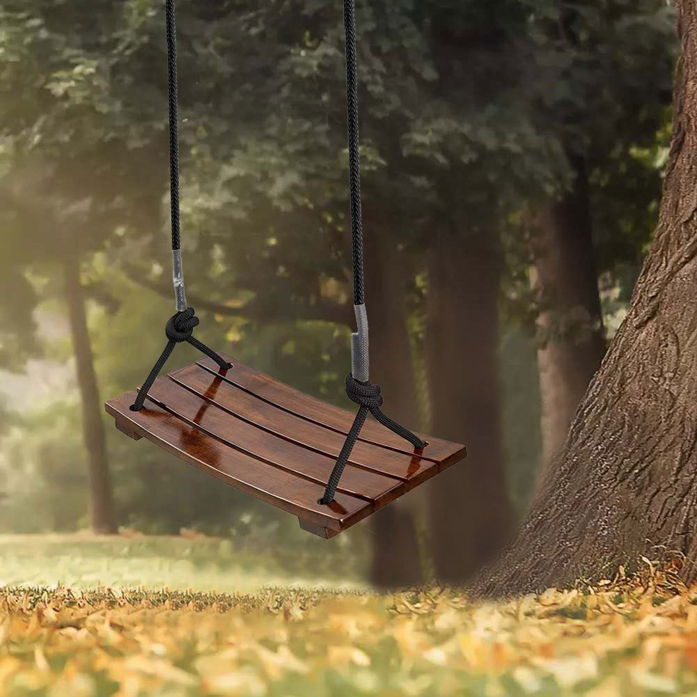 Solid Wood Outdoor Swing Seat 440LBS Capacity Adjustable Rope Length Single Seat Tree Swing for Kids Adults Backyard Garden Patio Hanging Rope Swing