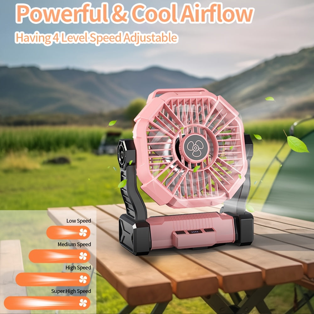 Portable Camping Fan 3-in-1 with LED Lantern & USB Charging – Battery Powered Tent Fan with Timer, 360° Rotation, for Outdoor Camping, Barbecue, Travel & Emergency Use (6 Colors)