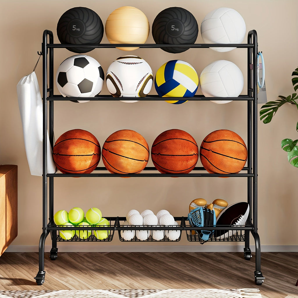 Sports Equipment Storage Rack with Wheels – 4-Tier Ball Rack for Basketball Soccer Volleyball with Hooks & Rolling Casters for Gym Garage