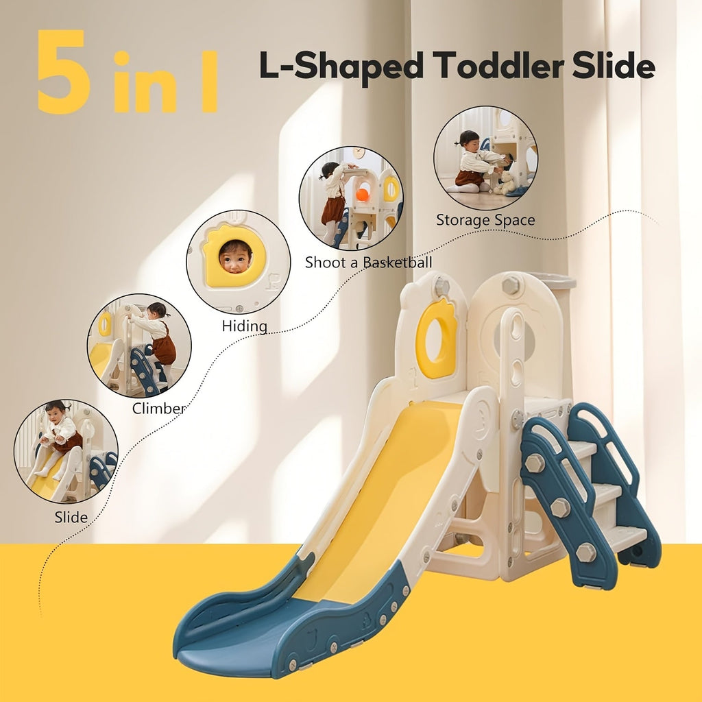 5-in-1 Toddler Slide with Basketball Hoop L-Shaped Freestanding Kids Indoor Outdoor Slide for Toddlers Ages 1-3 Boys Girls Birthday Playground Toy