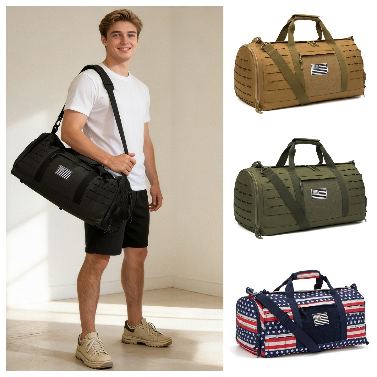 Tactical Duffle Bag 40L for Men Heavy Duty Gym Bag with Shoe Compartment Laptop Pocket Waterproof Sport Travel Bag Weekender Overnight Bag for Gym Fitness Basketball Football Office Commute Khaki Black Green