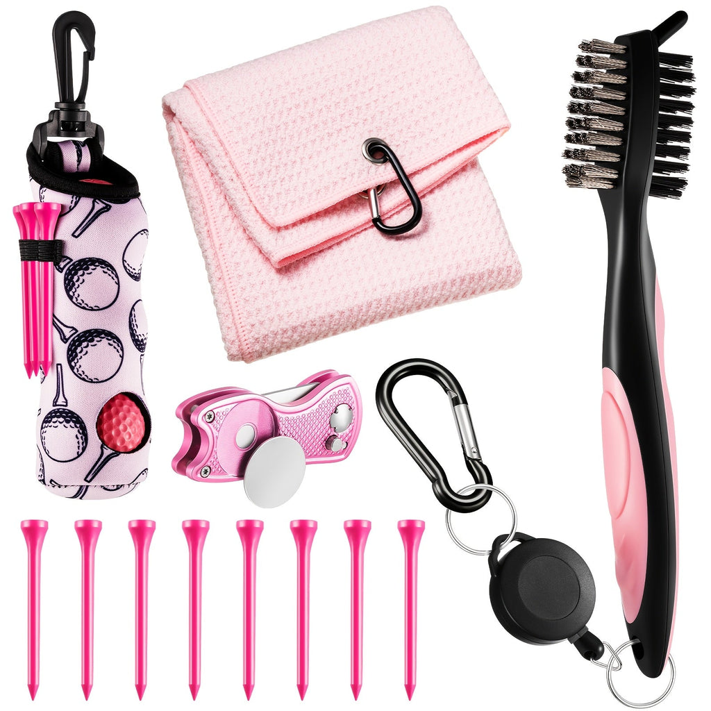 Golf Accessories Gift Set 12-Piece Pink – Includes Tees, Towel, Ball Bag with Hook, Cleaning Brush & Divot Tool with Magnetic Ball Marker, Perfect Golf Gift for Men & Women Golfers